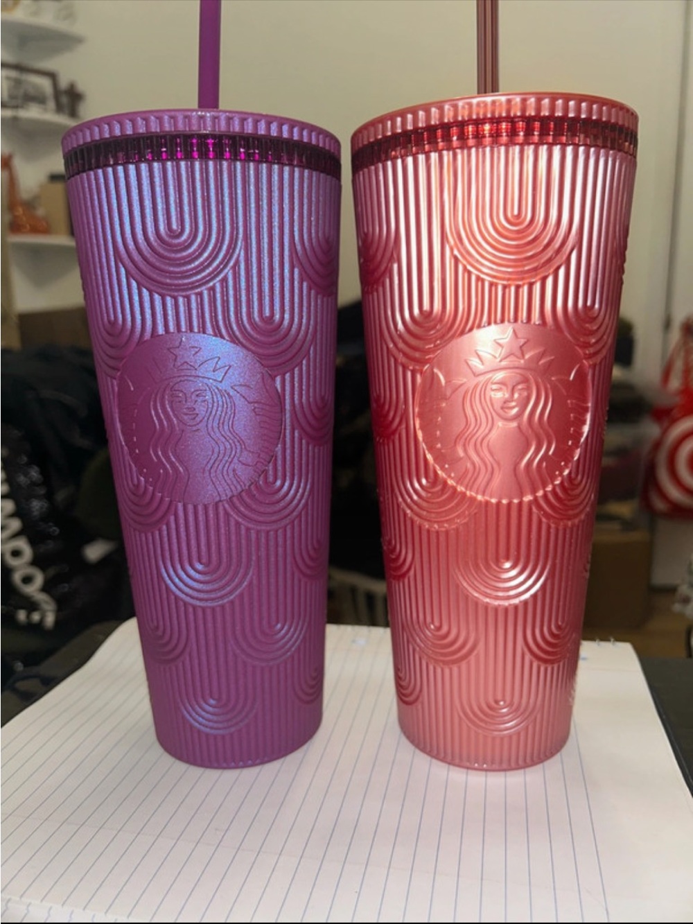 Starbucks Metallic Pink and Purple Ribbed Reusable Tumblers with Straws